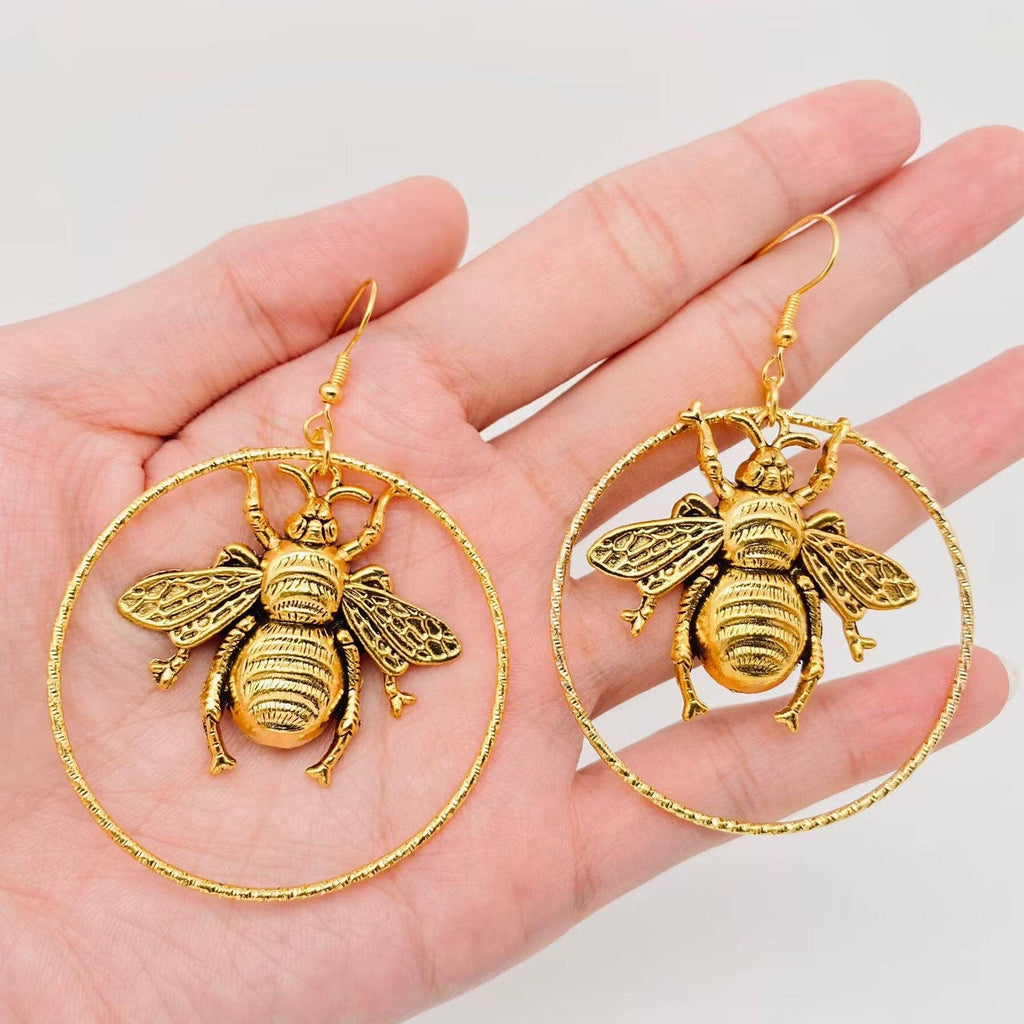 Golden Big Bee and Ring Pendant Earrings - The Edit LLC