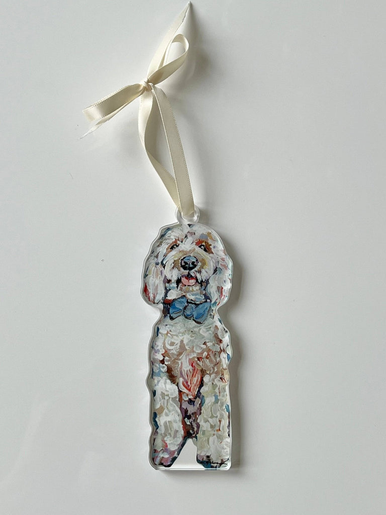 "Goldendoodle with blue bow" ornament - The Edit LLC