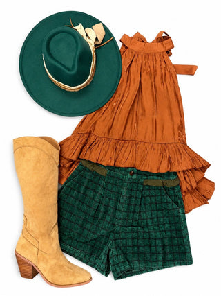 Green Contrast Ruffle Detail Side Pocket Plaid Shorts - The Edit LLC