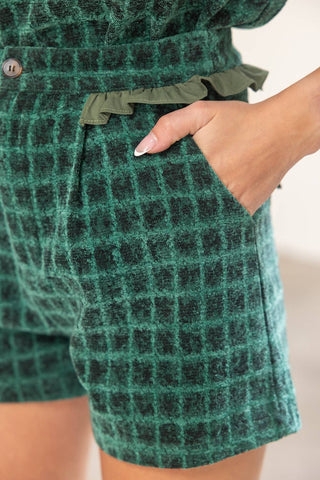 Green Contrast Ruffle Detail Side Pocket Plaid Shorts - The Edit LLC
