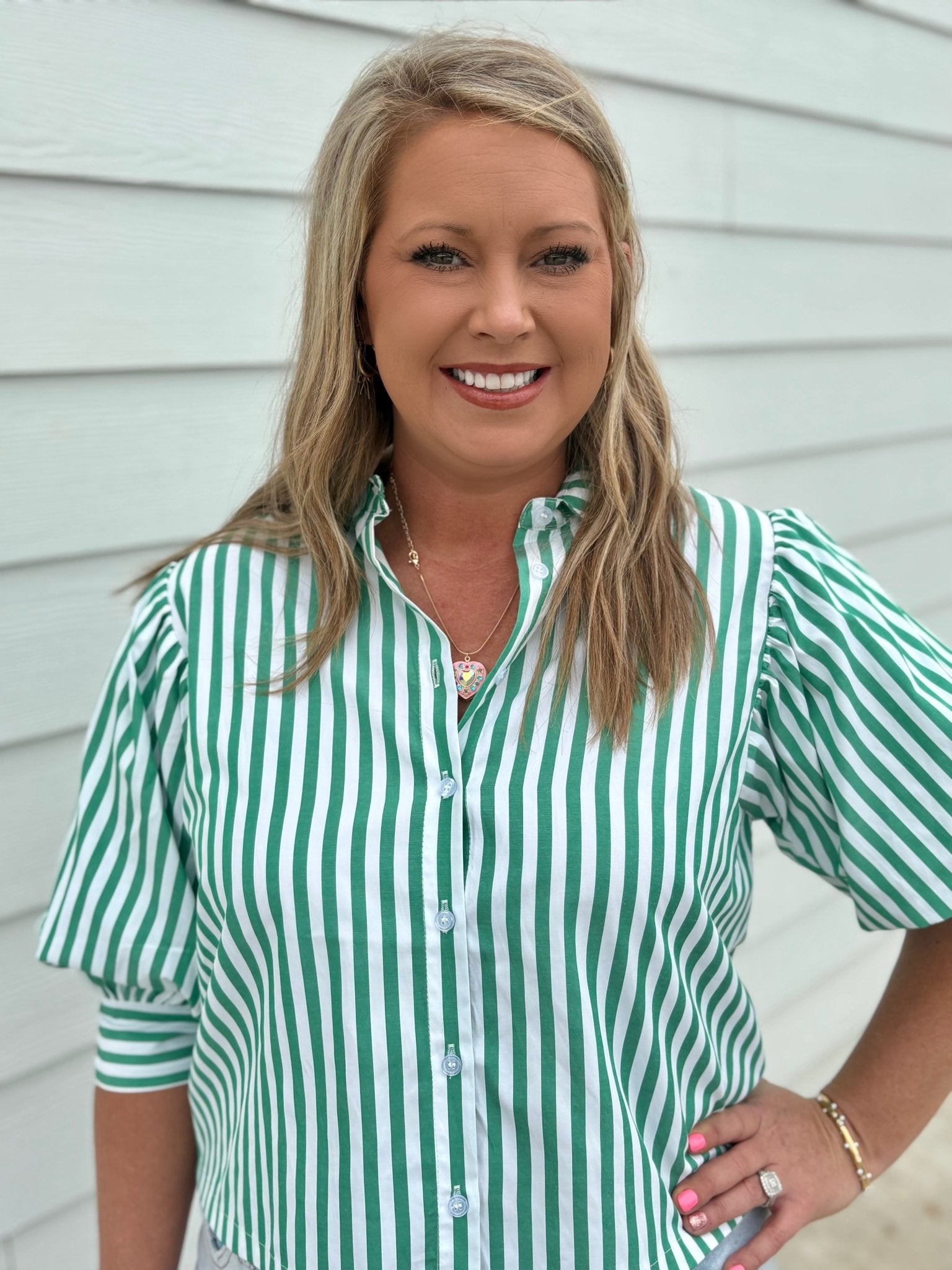 Green Stripe Oversized Button Blouse - The Edit LLC