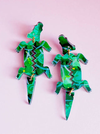 Hand-Painted Art Green Alligator Dangle Earring - The Edit LLC