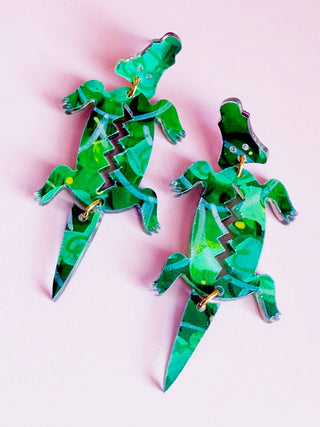 Hand-Painted Art Green Alligator Dangle Earring - The Edit LLC