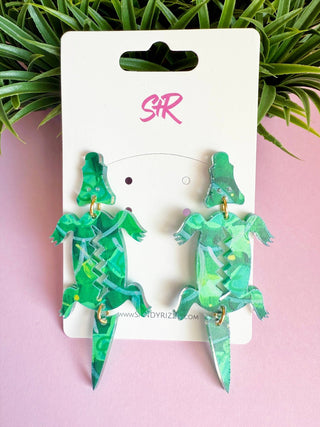 Hand-Painted Art Green Alligator Dangle Earring - The Edit LLC