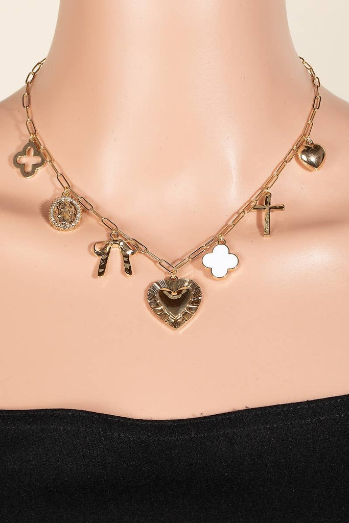 Heart Cross Clover And Ribbon Charms Chain Necklace: GDWHT - The Edit LLC