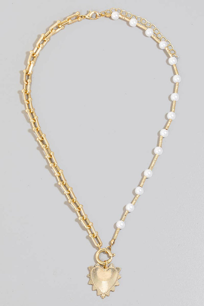 Heart Pendant Pearl Beads And Chain Necklace: G - The Edit LLC