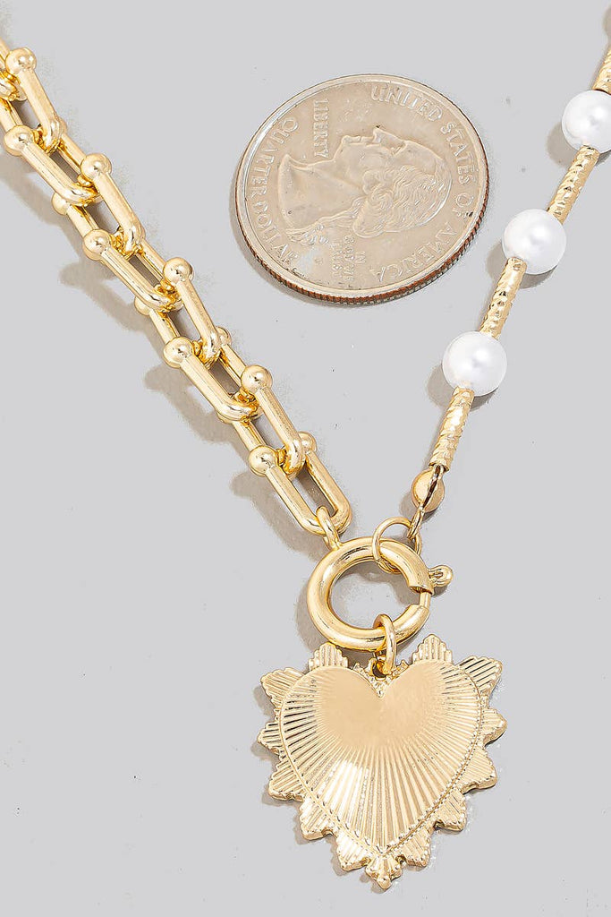 Heart Pendant Pearl Beads And Chain Necklace: G - The Edit LLC