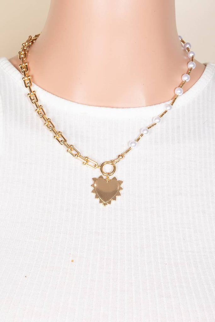 Heart Pendant Pearl Beads And Chain Necklace: G - The Edit LLC