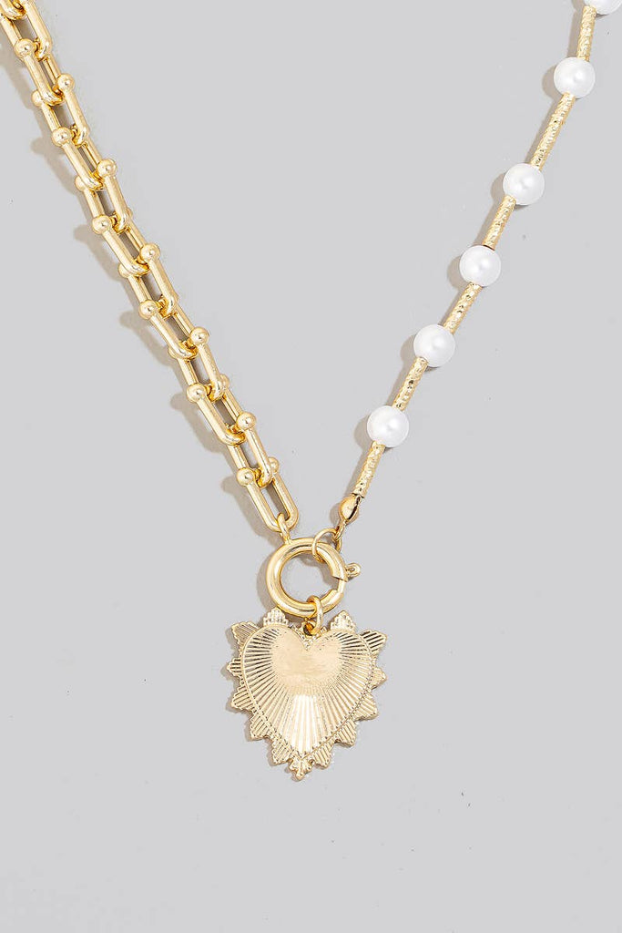 Heart Pendant Pearl Beads And Chain Necklace: G - The Edit LLC