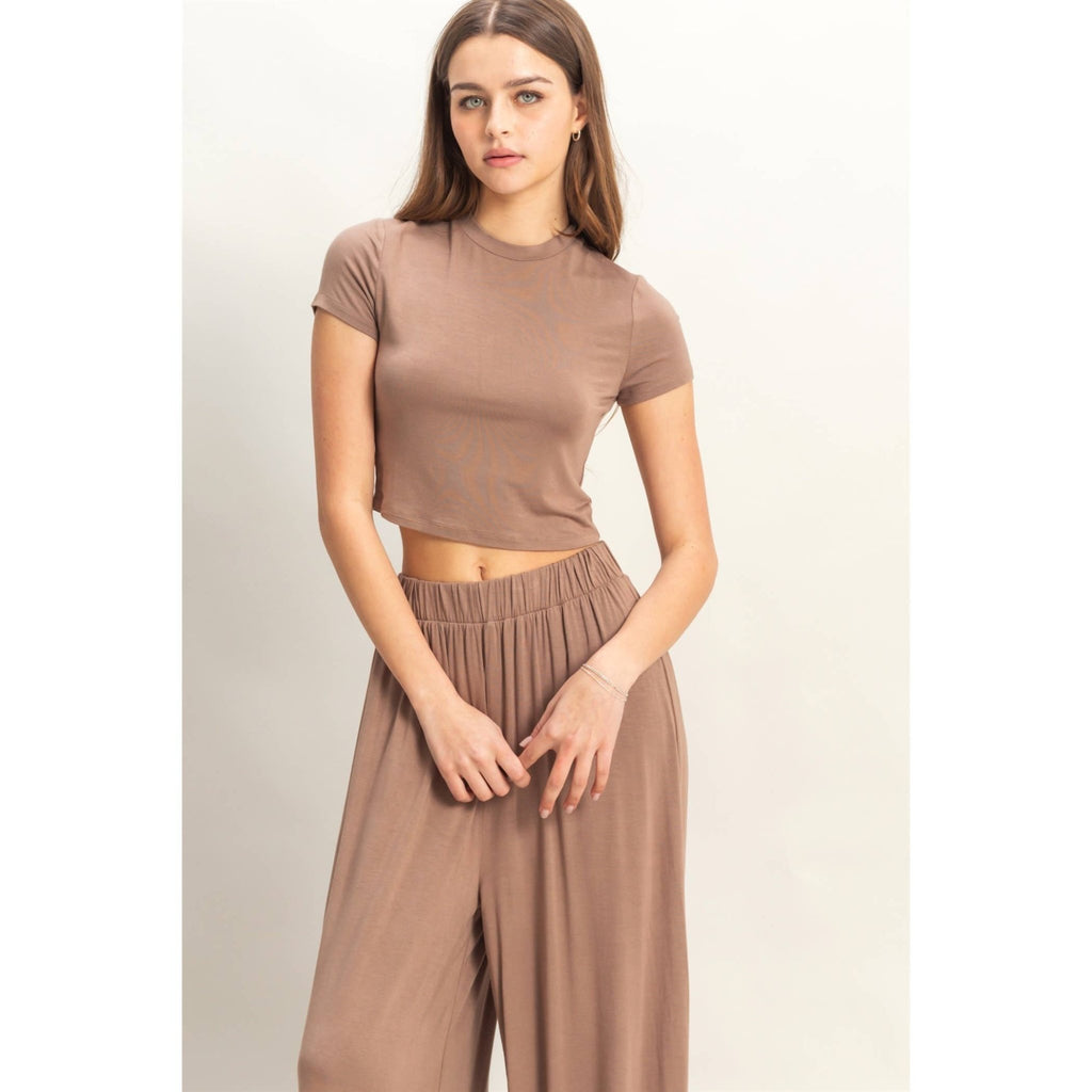 HF25C957 - SET - Jersey Tee And Flowy Pants Set: D.TAUPE / S - M - L(2 - 2 - 2) - The Edit LLC