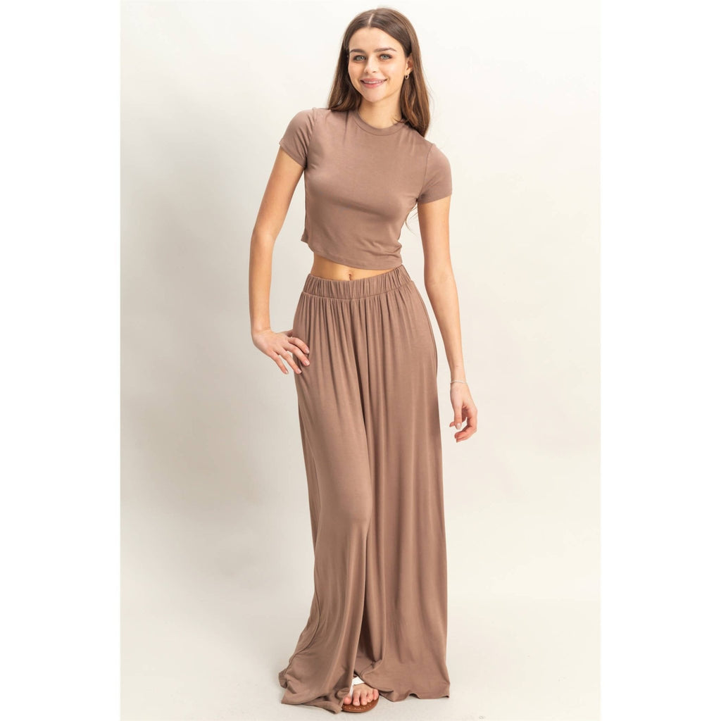 HF25C957 - SET - Jersey Tee And Flowy Pants Set: D.TAUPE / S - M - L(2 - 2 - 2) - The Edit LLC