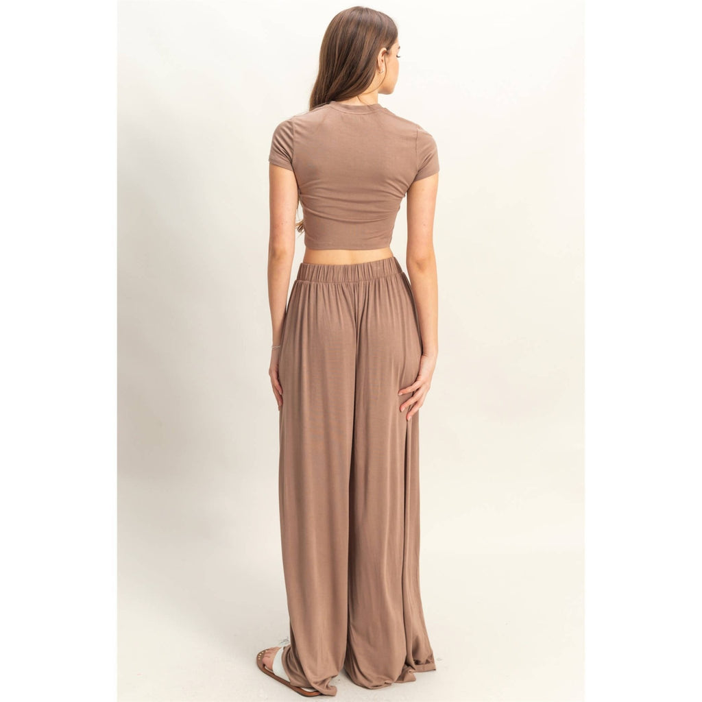 HF25C957 - SET - Jersey Tee And Flowy Pants Set: D.TAUPE / S - M - L(2 - 2 - 2) - The Edit LLC
