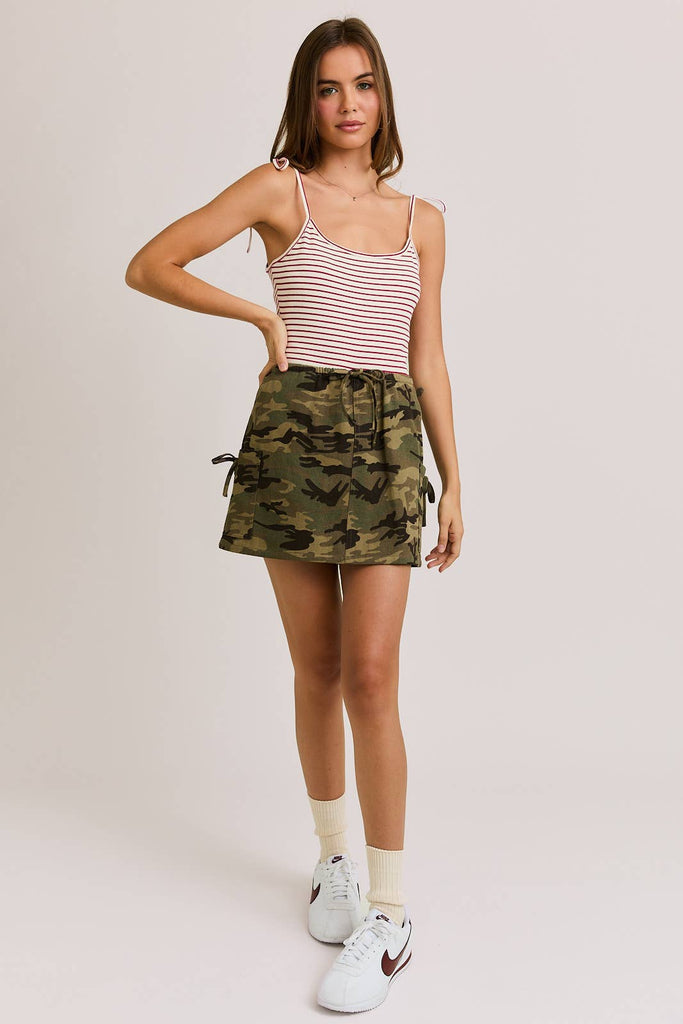 HIGH ELASTIC WAISTED BOW DETAIL CAMOFLAGE MINI SKIRT - The Edit LLC
