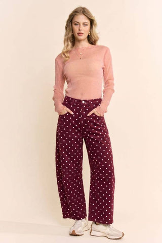 High-Waist Polka Dot Barrel Pants: Burgundy / S-M-L(2-2-2) - The Edit LLC