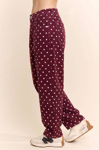 High-Waist Polka Dot Barrel Pants: Burgundy / S-M-L(2-2-2) - The Edit LLC