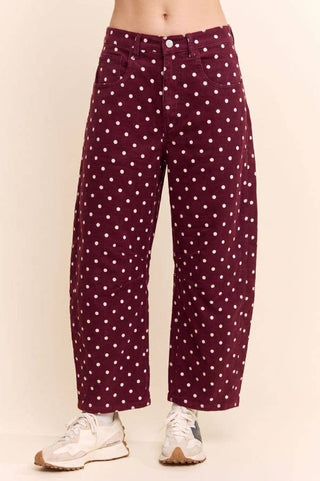 High-Waist Polka Dot Barrel Pants: Burgundy / S-M-L(2-2-2) - The Edit LLC