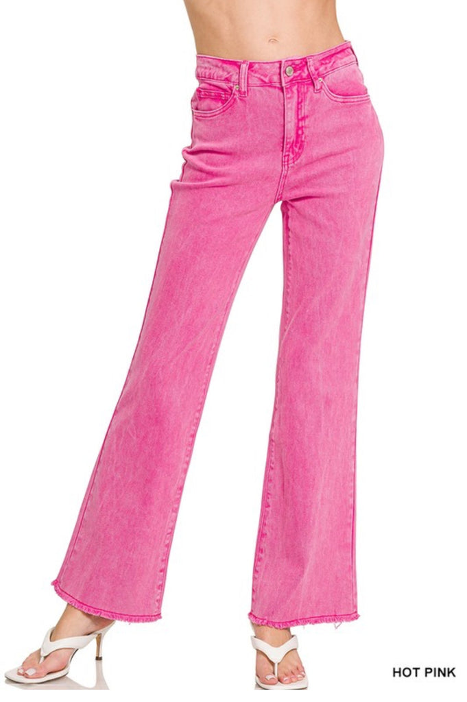 Hot Pink Straight Acid Wash Wide Leg Denim - The Edit LLC