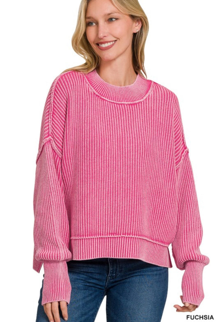 Hot Pink - Washed Oversized Cropped Sweater - The Edit LLC