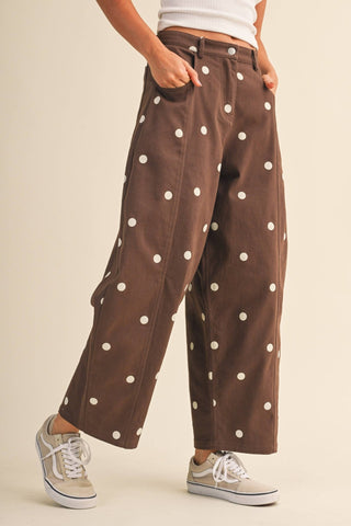 IP1390-C POLKADOT STRETCH TWILL MID WAIST BARREL PANTS: BROWN/CREAM / S - The Edit LLC