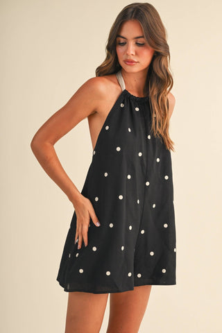 IR2512 POLKADOT CONTRAST TIE BACK HALTER ROMPER: BLACK/NATURAL / S - The Edit LLC