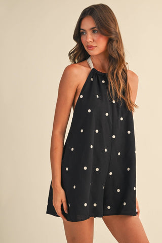 IR2512 POLKADOT CONTRAST TIE BACK HALTER ROMPER: BLACK/NATURAL / S - The Edit LLC