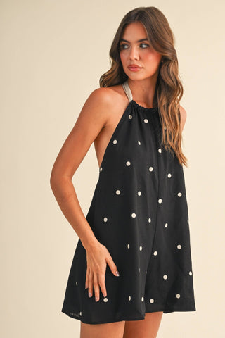 IR2512 POLKADOT CONTRAST TIE BACK HALTER ROMPER: BLACK/NATURAL / S - The Edit LLC