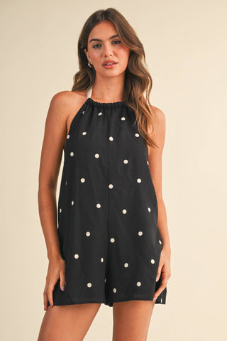 IR2512 POLKADOT CONTRAST TIE BACK HALTER ROMPER: BLACK/NATURAL / S - The Edit LLC