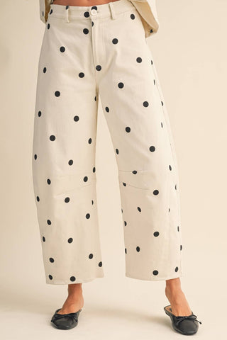 IST6128-B POLKADOT STRAPLESS PEPLUM TOP AND BARREL PANTS SET: IVORY/BLACK / S - The Edit LLC