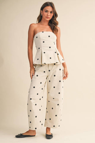 IST6128-B POLKADOT STRAPLESS PEPLUM TOP AND BARREL PANTS SET: IVORY/BLACK / S - The Edit LLC