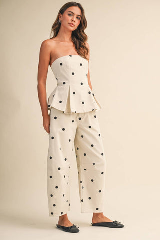 IST6128-B POLKADOT STRAPLESS PEPLUM TOP AND BARREL PANTS SET: IVORY/BLACK / S - The Edit LLC