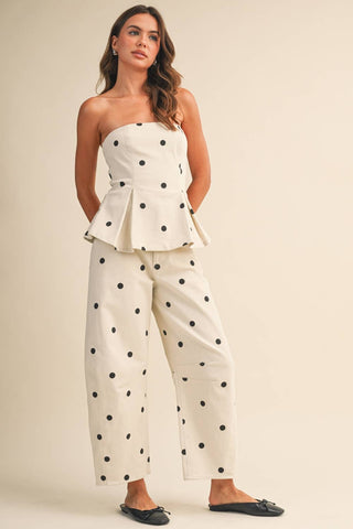 IST6128-B POLKADOT STRAPLESS PEPLUM TOP AND BARREL PANTS SET: IVORY/BLACK / S - The Edit LLC