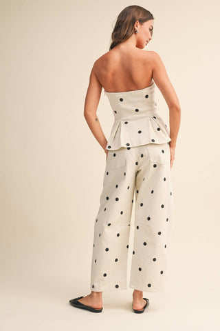 IST6128-B POLKADOT STRAPLESS PEPLUM TOP AND BARREL PANTS SET: IVORY/BLACK / S - The Edit LLC