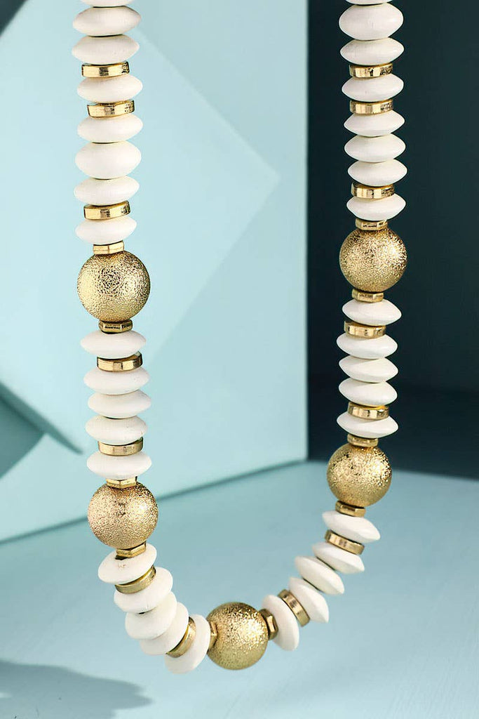 Ivory: Metal & Wood Disk Bead Necklace - The Edit LLC