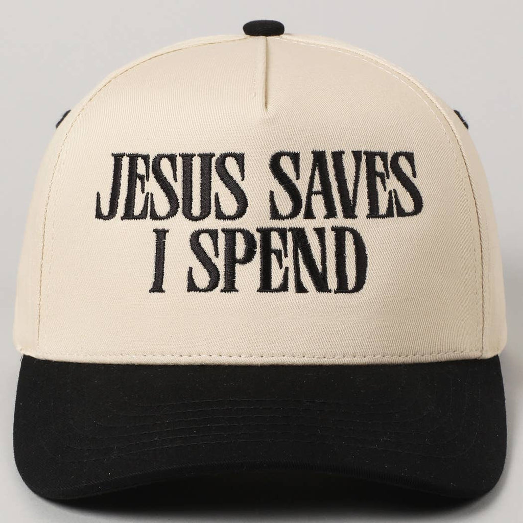 JESUS SAVES I SPEND Embroidery Trucker Hat: Black / ONE SIZE - The Edit LLC