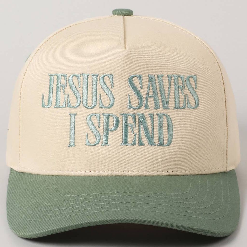 JESUS SAVES I SPEND Embroidery Trucker Hat: SAGE / ONE SIZE - The Edit LLC