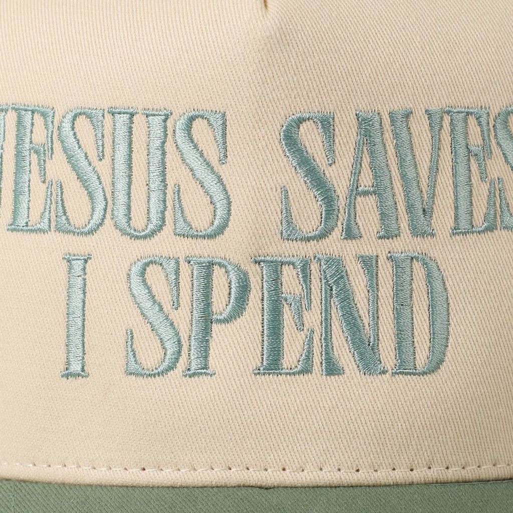 JESUS SAVES I SPEND Embroidery Trucker Hat: SAGE / ONE SIZE - The Edit LLC