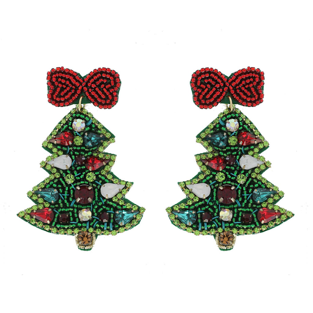 Jeweled Christmas Tree Beaded Embroidery Earrings: Green - The Edit LLC