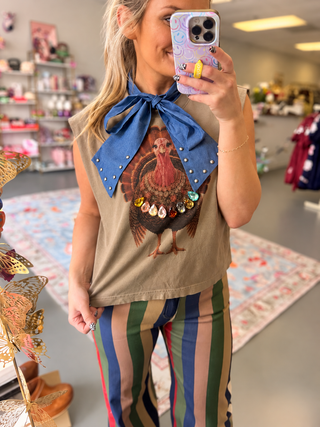 Jeweled Collar Turkey Tan Boxy Muscle Tank - The Edit LLC