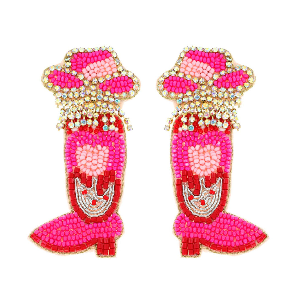 Jeweled Western Cowboy Boots Valentine Earrings: Fuchsia - The Edit LLC