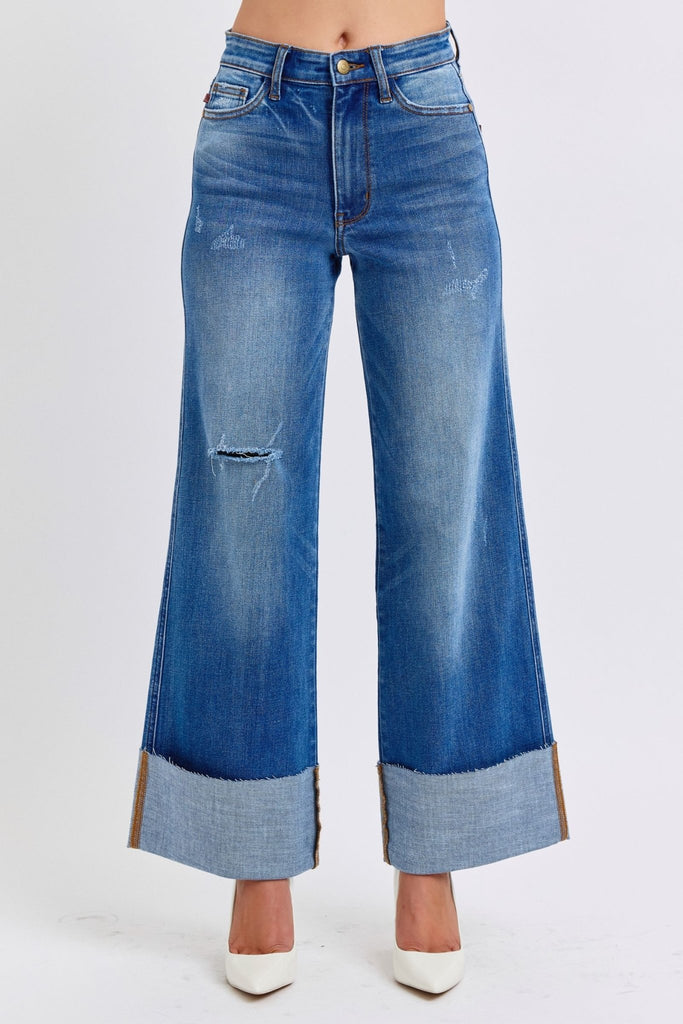 Judy Blue Full Size Distressed High Waist Wide Leg Jeans - The Edit LLC