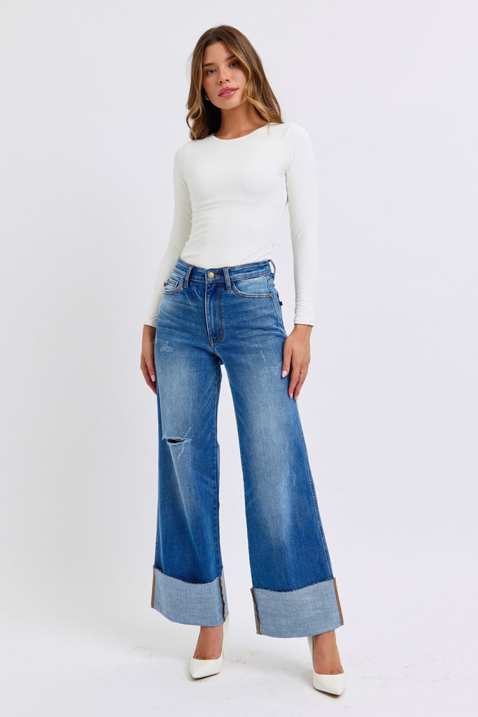 Judy Blue Full Size Distressed High Waist Wide Leg Jeans - The Edit LLC