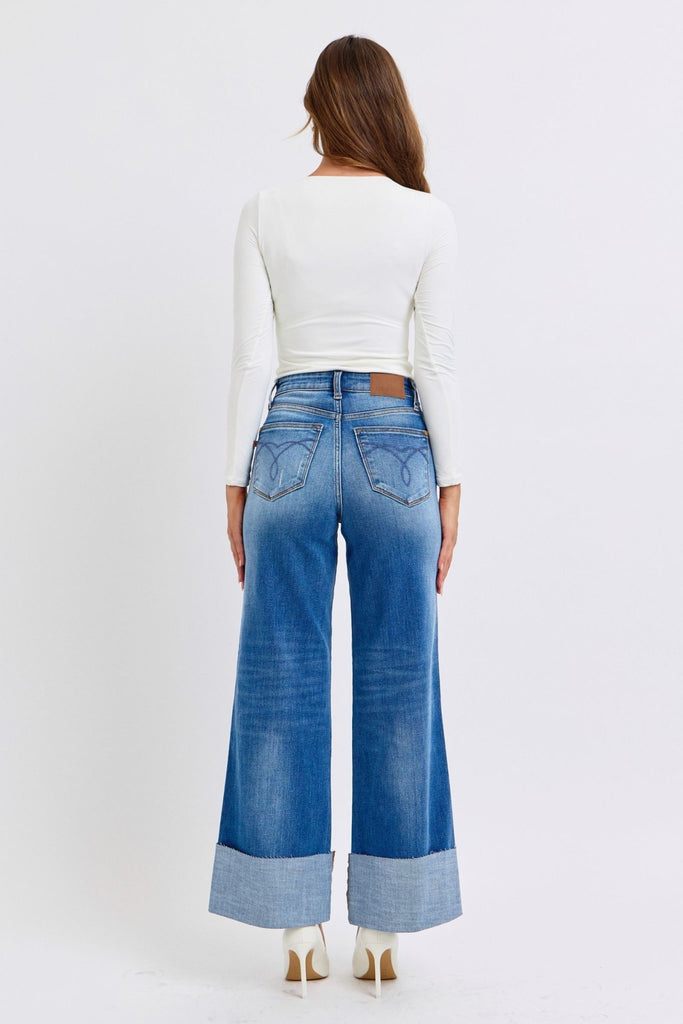 Judy Blue Full Size Distressed High Waist Wide Leg Jeans - The Edit LLC