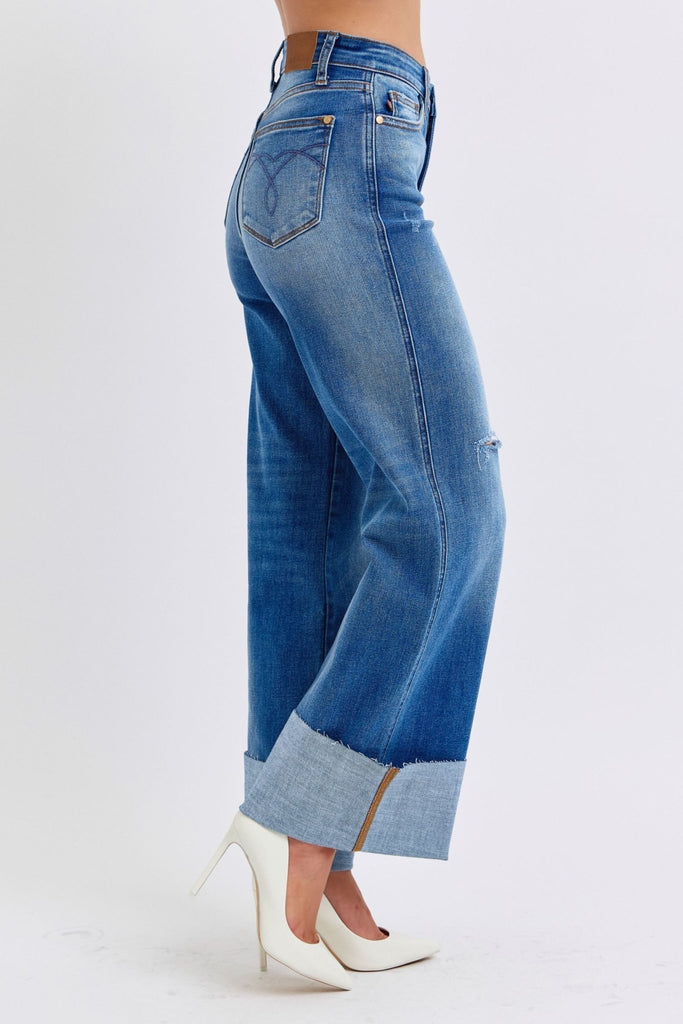 Judy Blue Full Size Distressed High Waist Wide Leg Jeans - The Edit LLC