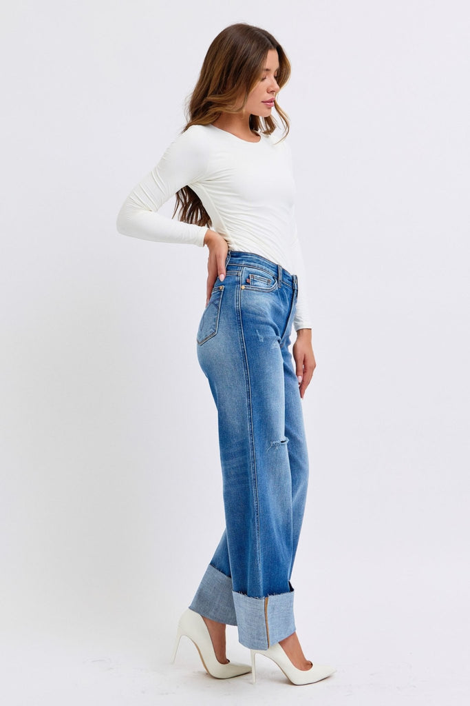 Judy Blue Full Size Distressed High Waist Wide Leg Jeans - The Edit LLC