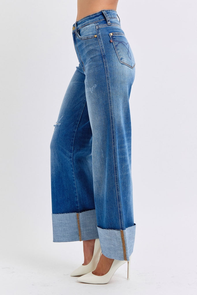 Judy Blue Full Size Distressed High Waist Wide Leg Jeans - The Edit LLC