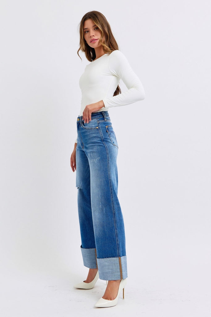 Judy Blue Full Size Distressed High Waist Wide Leg Jeans - The Edit LLC