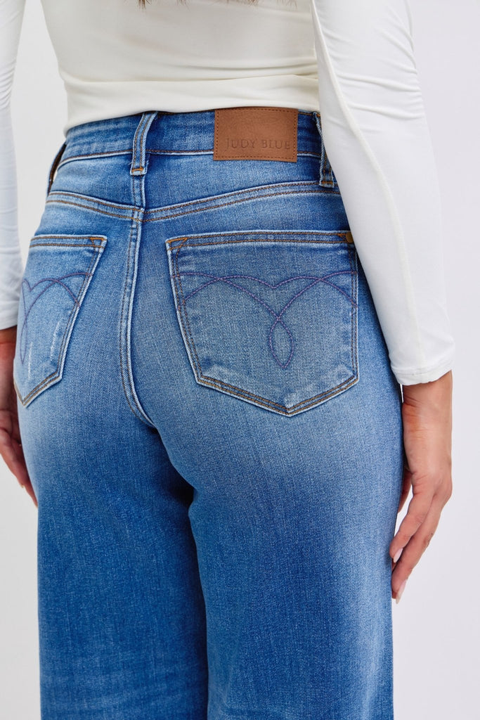 Judy Blue Full Size Distressed High Waist Wide Leg Jeans - The Edit LLC