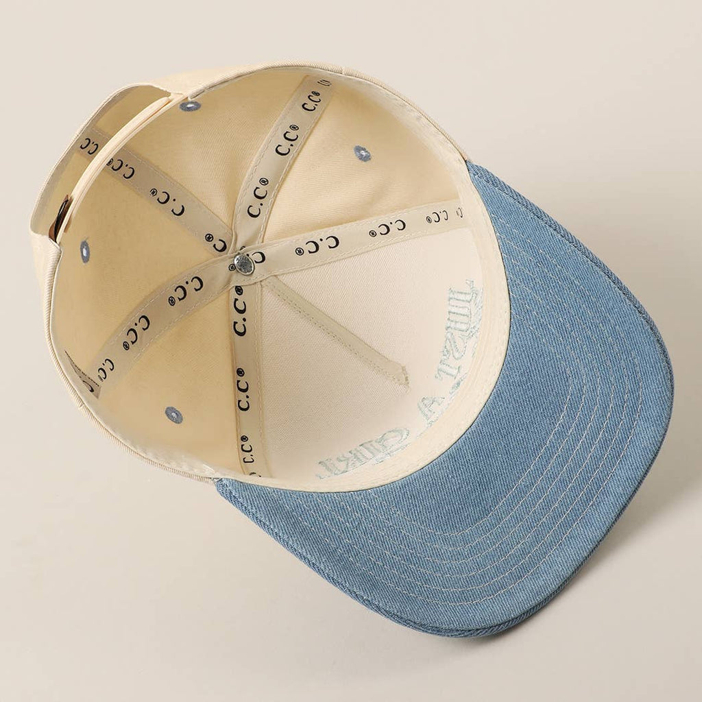 Just A Girl Who Loves Jesus Embroidery Trucker Hat: Light Denim / ONE SIZE - The Edit LLC