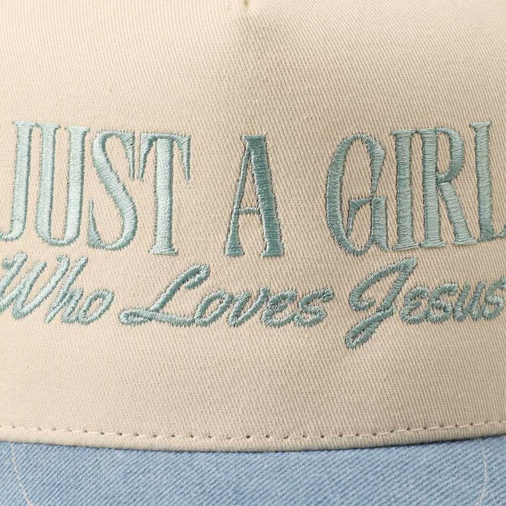 Just A Girl Who Loves Jesus Embroidery Trucker Hat: Light Denim / ONE SIZE - The Edit LLC
