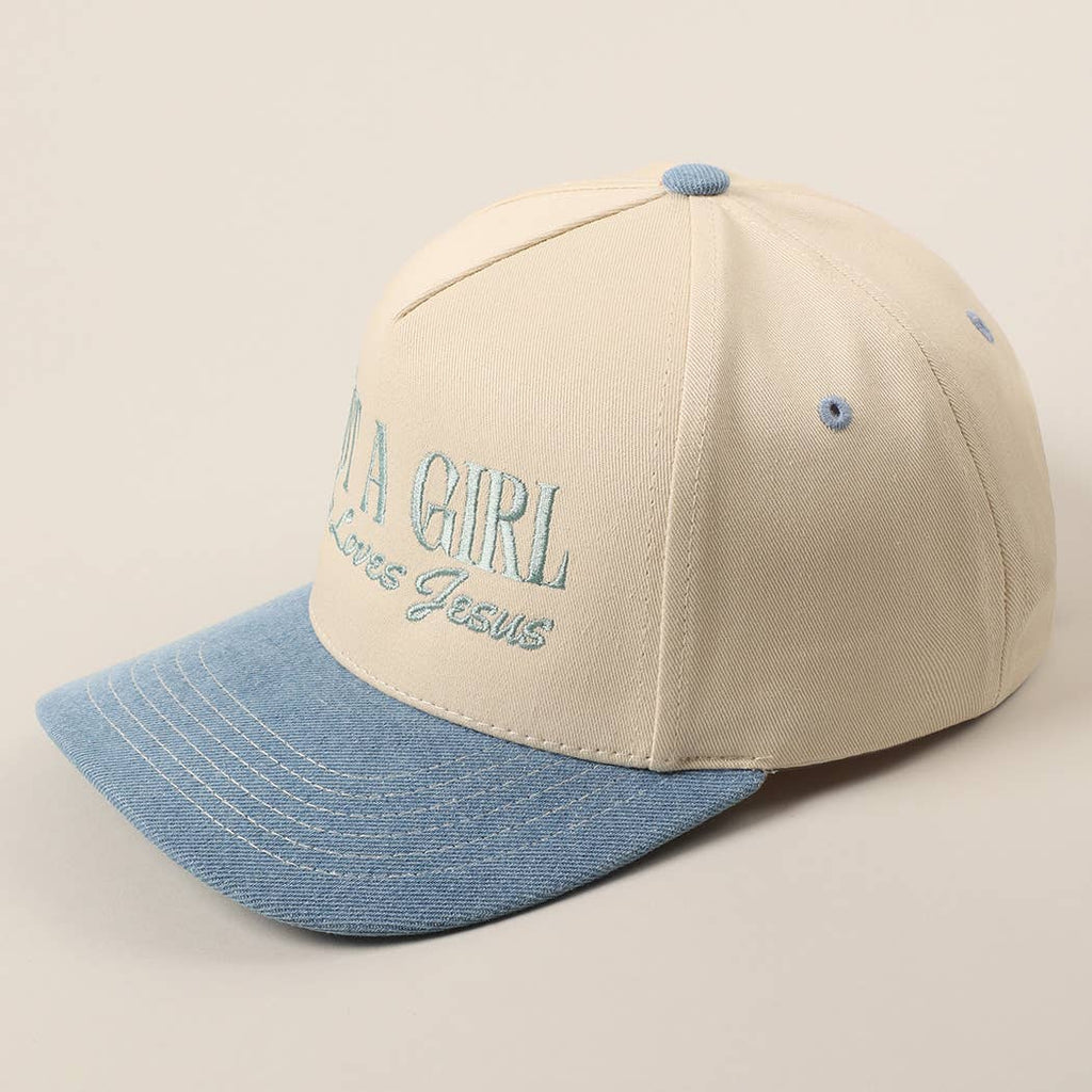 Just A Girl Who Loves Jesus Embroidery Trucker Hat: Light Denim / ONE SIZE - The Edit LLC